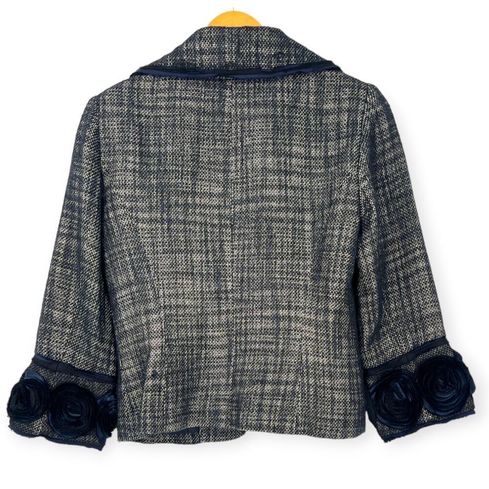 Alberto Makali | Size 4 | Tweed Open Front Floral Ribbon Accents Blazer Jacket - Picture 4 of 5